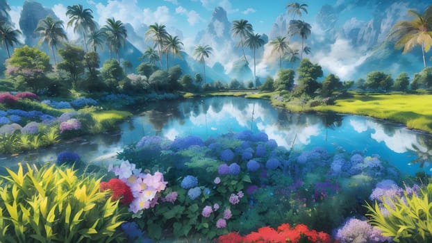 The Beautiful mountain landscape with blossoming rhododendron flower - ai generated