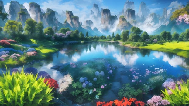 The Beautiful mountain landscape with blossoming rhododendron flower - ai generated