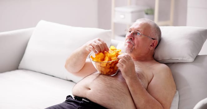 Sitting Overeating Food Lifestyle. Overweight People Watching Television