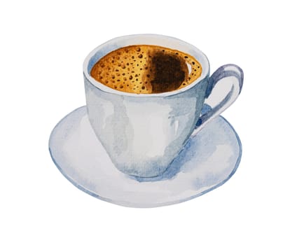 White ceramic cup of hot espresso coffee. Watercolor hand drawn illustration isolated on white background.