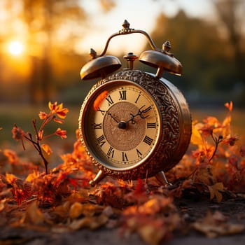 Alarm clock with autumn foliage, end of daylight saving time in fall, winter time changeover, generative AI