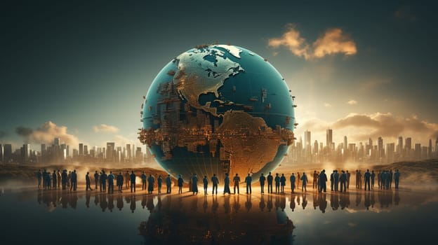 Meeting of people, planet earth with world map, brainstorming for ideas and environmental solution, global teamwork , generative AI