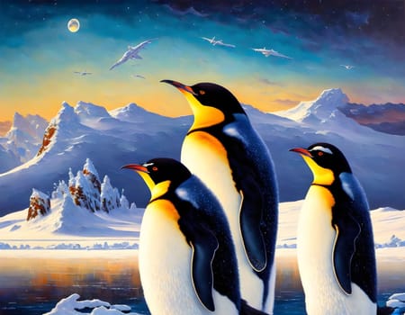 Penguins in Antarctica by sunset - Generative AI