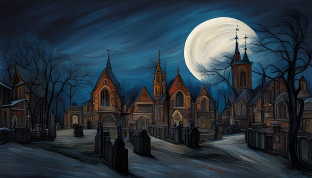Graveyard and church by night with beautiful moon - Generative AI