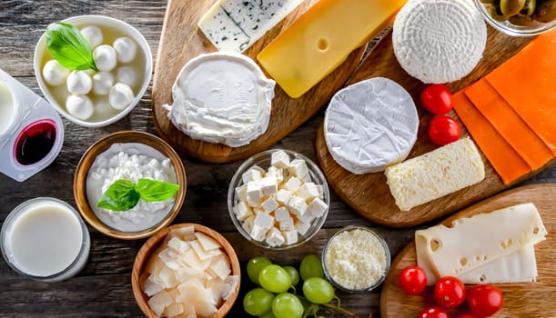 A variety of dairy products including cheese, milk and yogurt.