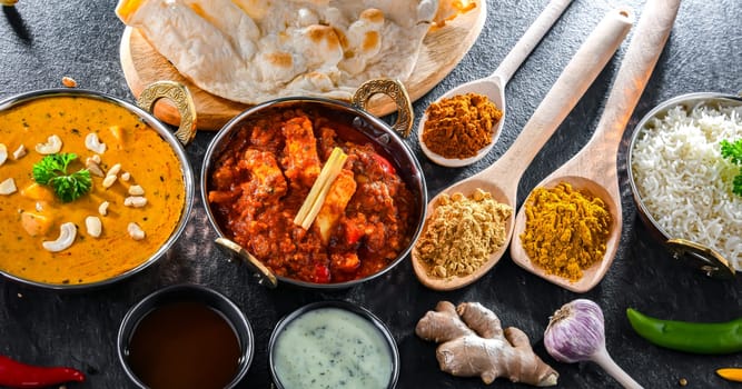 Composition with indian dishes: madras paneer, palak paneer and shahi paneer with basmati rice served in original indian karahi pots.