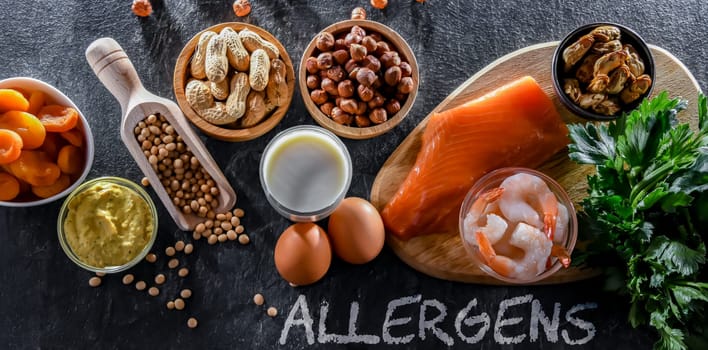 Composition with common food allergens including egg, milk, soya, nuts, fish, seafood, mustard, dried apricots and celery