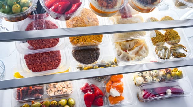 A display of variety of prepackaged food products in plastic boxes.