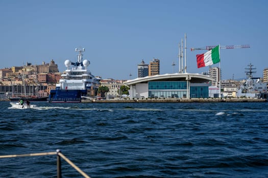 CAGLIARI, ITALY - JULY 2023: The 414-foot luxury yacht 'Octopus', owned by Microsoft co-founder Paul Allen, is moored in the port on July 15, 2023 in Cagliari, Italy (Sardinia) for a callover.