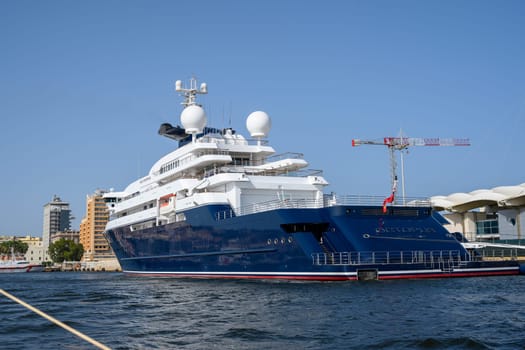 CAGLIARI, ITALY - JULY 2023: The 414-foot luxury yacht 'Octopus', owned by Microsoft co-founder Paul Allen, is moored in the port on July 15, 2023 in Cagliari, Italy (Sardinia) for a callover.