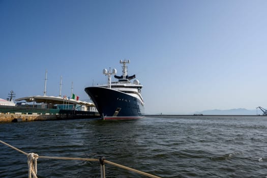 CAGLIARI, ITALY - JULY 2023: The 414-foot luxury yacht 'Octopus', owned by Microsoft co-founder Paul Allen, is moored in the port on July 15, 2023 in Cagliari, Italy (Sardinia) for a callover.