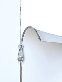 Zipper one side opened 3D rendering illustration isolated on white background
