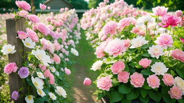 The Rose flower on background blurry pink roses flower in the garden - ai generated