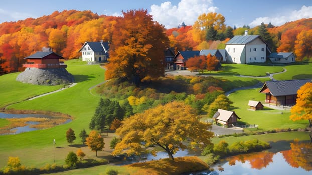 The Autumn fall red color maple trees and farm house - ai generated