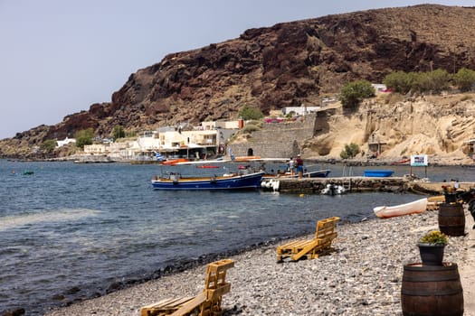 Akrotiri, Santorini, Greece - July 1, 2021: View of the coast at Akrotiri in Santorini. Greece