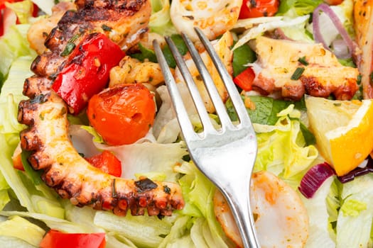 Homemade salad of vegetables and octopus tentacles. Octopus salad. Close-up.