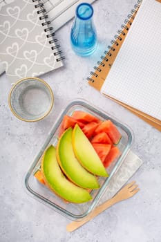 Healthy snack at office workplace, organic vegan meals from take away lunch box