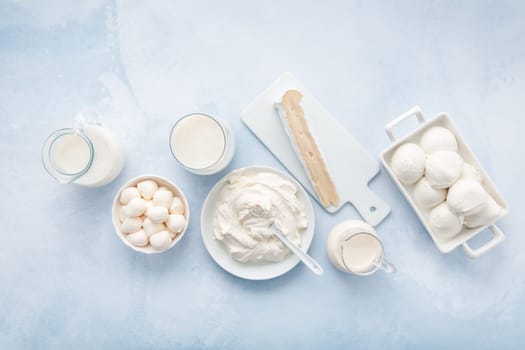 Assortment of milk products - buttermilk, kefir, yogurt with probiotics, ayran, cheese, mozzarella, quark and cream.