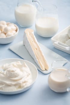 Assortment of milk products - buttermilk, kefir, yogurt with probiotics, ayran, cheese, mozzarella, quark and cream.