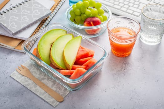 Healthy snack at office workplace, organic vegan meals from take away lunch box