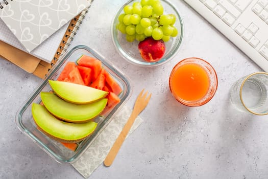 Healthy snack at office workplace, organic vegan meals from take away lunch box