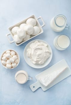 Assortment of milk products - buttermilk, kefir, yogurt with probiotics, ayran, cheese, mozzarella, quark and cream.