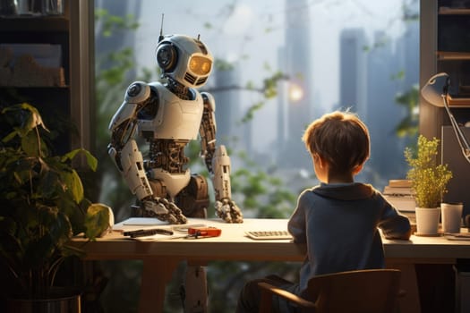 Little student doing homework. Robot assisting in leasrning. Child doing homework with help of advanced robotic assistant. Futuristic education concept