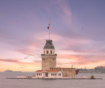 Maiden's Tower, Turkish: Kiz Kulesi located in a small islet in Bosphorus strait near the coast of Uskudar district, Istanbul, Turkiye