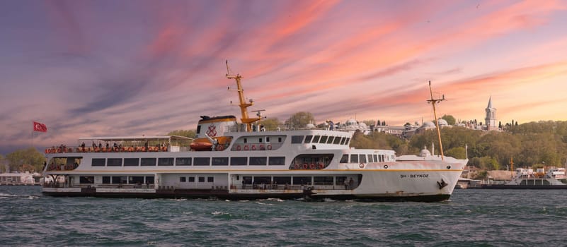 Istanbul, Turkey - May 7, 2023: Modern ferry boat sailing in Bosphorus strait