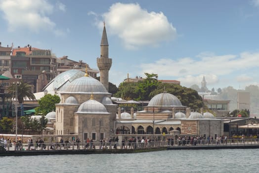 Istanbul, Turkey - May 8, 2023: Semsi Pasha Mosque, an Ottoman mosque located in the district of Uskudar, on the Asian sise of Bosphorus Strait, designed by Ottoman imperial architect Mimar Sinan