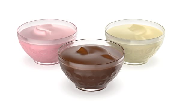Three glass bowls with chocolate, vanilla and strawberry puddings