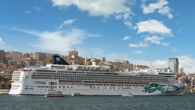Norwegian Jade, Huge cruise ship docked at terminal of Galataport, a mixed use development located along the Bosphorus, in Karakoy neighbourhood, Istanbul, Turkey