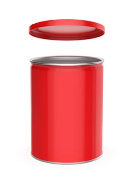 Shiny red metal can with plastic lid on white background