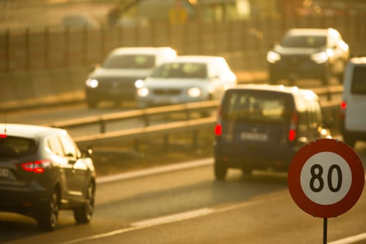 Heavy morning city traffic/congestion concept - cars going very slowly in a traffic jam during the morning rushhour