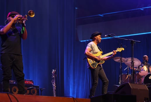 Cracow, Poland - July 17, 2023: Marcus Miller European Tour 2023 on stage in Congress Centre ICE Cracow at the 28th Summer Jazz Festival in Krakow.