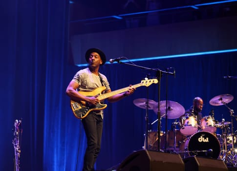 Cracow, Poland - July 17, 2023: Marcus Miller European Tour 2023 on stage in Congress Centre ICE Cracow at the 28th Summer Jazz Festival in Krakow.