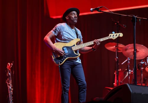 Cracow, Poland - July 17, 2023: Marcus Miller European Tour 2023 on stage in Congress Centre ICE Cracow at the 28th Summer Jazz Festival in Krakow.