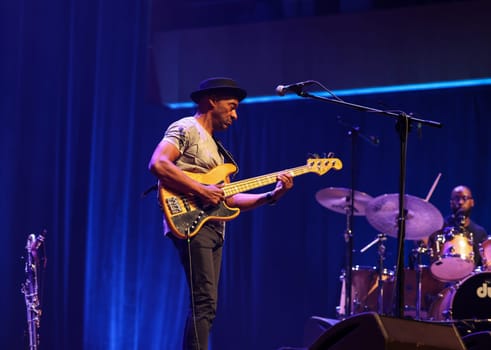Cracow, Poland - July 17, 2023: Marcus Miller European Tour 2023 on stage in Congress Centre ICE Cracow at the 28th Summer Jazz Festival in Krakow.
