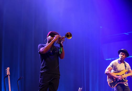 Cracow, Poland - July 17, 2023: Marcus Miller European Tour 2023 on stage in Congress Centre ICE Cracow at the 28th Summer Jazz Festival in Krakow.
