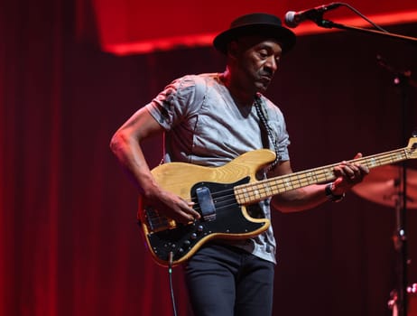 Cracow, Poland - July 17, 2023: Marcus Miller European Tour 2023 on stage in Congress Centre ICE Cracow at the 28th Summer Jazz Festival in Krakow.