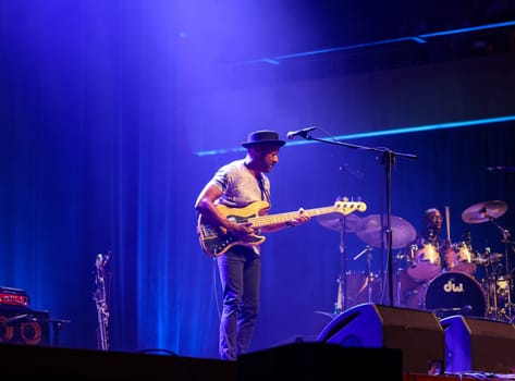 Cracow, Poland - July 17, 2023: Marcus Miller European Tour 2023 on stage in Congress Centre ICE Cracow at the 28th Summer Jazz Festival in Krakow.