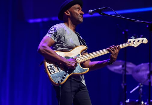 Cracow, Poland - July 17, 2023: Marcus Miller European Tour 2023 on stage in Congress Centre ICE Cracow at the 28th Summer Jazz Festival in Krakow.