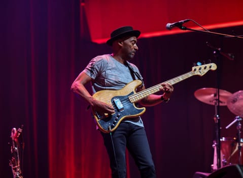 Cracow, Poland - July 17, 2023: Marcus Miller European Tour 2023 on stage in Congress Centre ICE Cracow at the 28th Summer Jazz Festival in Krakow.