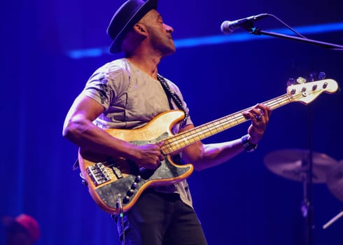 Cracow, Poland - July 17, 2023: Marcus Miller European Tour 2023 on stage in Congress Centre ICE Cracow at the 28th Summer Jazz Festival in Krakow.