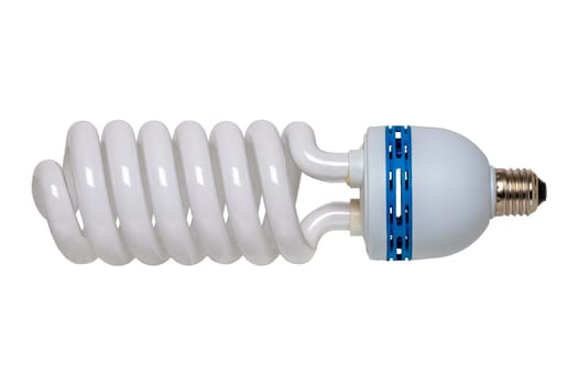Photo fluorescent lamp daylight energy saving spiral 5500K isolated on white background. Photo studio, photo lamp. Energy saving concept.