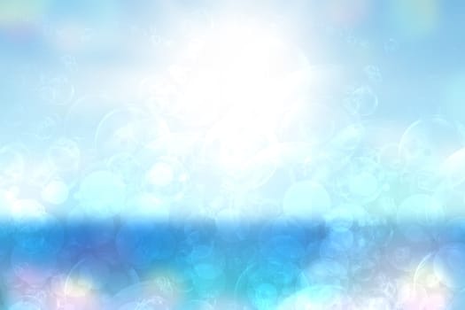 Abstract ocean background. Abstract bright blue turquoise tropical ocean with sparkling waves and light blue cloudy sky. Beautiful backdrop for summer holidays and travel advertising.