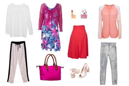 Collage set of girl summer clothes isolated on white. Female woman apparel collection. Women fashion clothing outfit. Dresses, skirts, pants, shoes and bag.