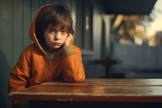 Portrait of sad boy sitting on bench. Boy struggling with loneliness and boredom.   Childhood depression. Child struggling with mental health issues. Upset and pensive kid looking at camera