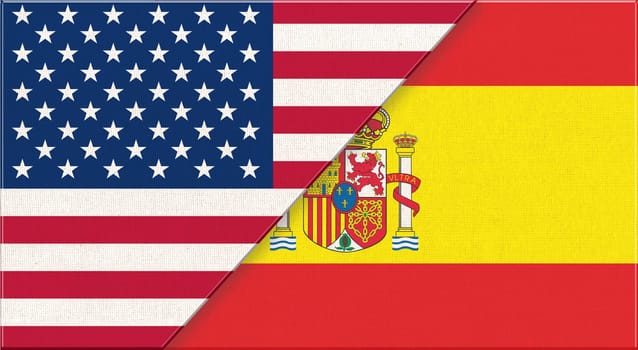 Flag of USA and Spain. American and Spanish flags on fabric texture. European and American flags. US and Spanish flags. Political concept. Friendship of USA and Spain