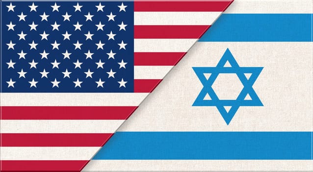 Flags of USA and Israel. American and Israeli national flags on fabric surface. Flag of USA and Israel- 3D illustration. diplomatic relations between two countries. American and Israeli relations